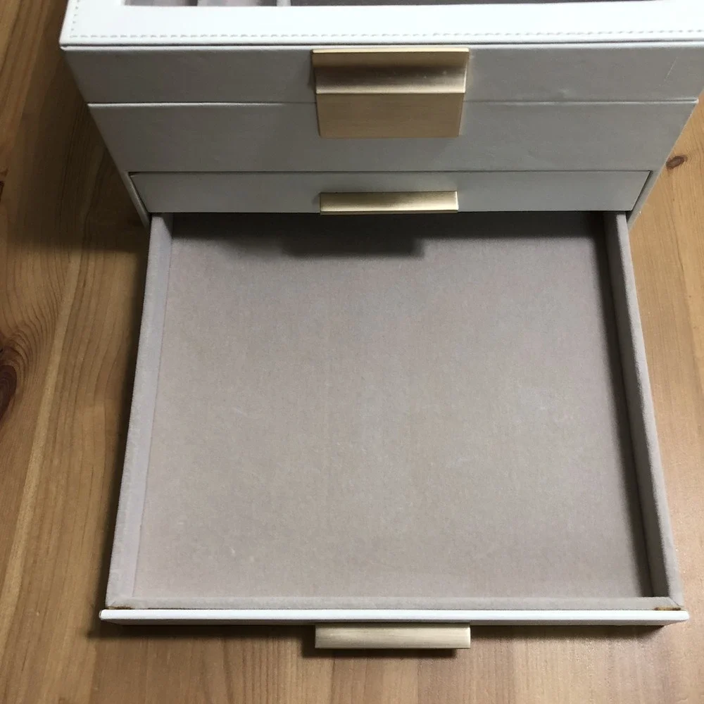 SONGMICS Jewelry Box Glass Lid 3-Layer Organizer 2 Drawers White Gold